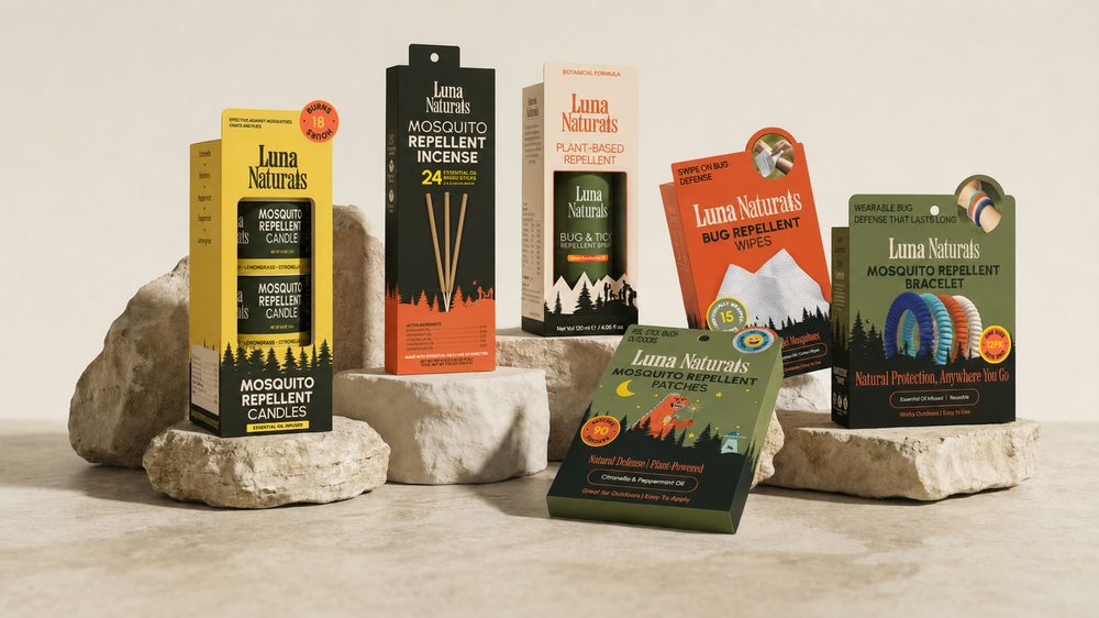 Luna Naturals retail cartons on stone